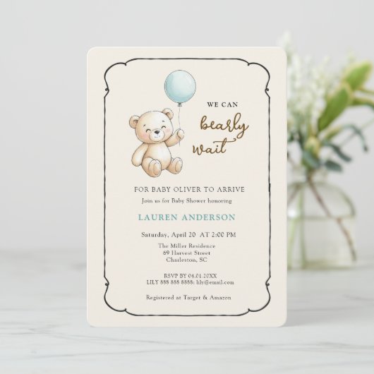 Cute Retro Teddy Bear, Boy Baby shower 招待状 (スタンド正面)