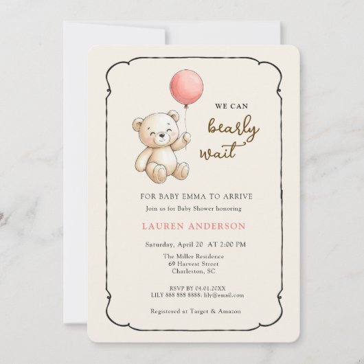 Cute Retro Teddy Bear, Girl Baby shower 招待状 (正面)
