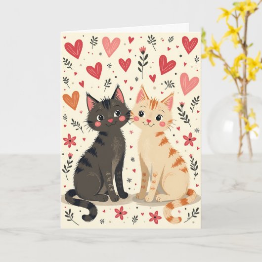 Cute Retro Valentine Cats カード (黄色い花)
