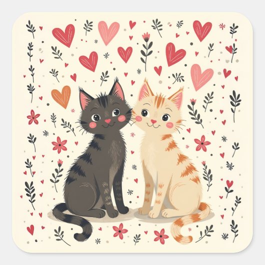 Cute Retro Valentine Cats スクエアシール (正面)