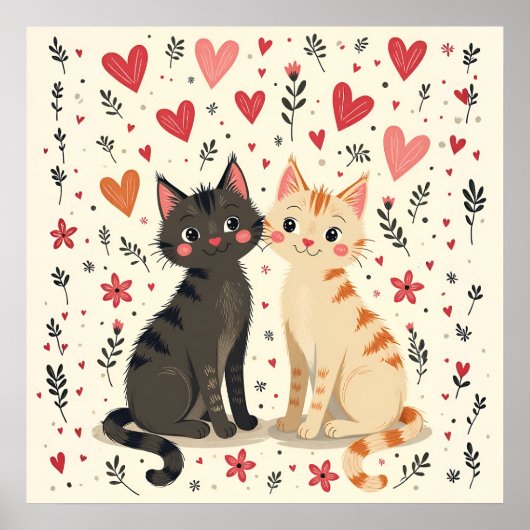 Cute Retro Valentine Cats ポスター (正面)