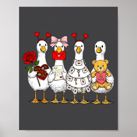 Cute Retro Valentine Silly Gooses Duck Love Couple ポスター (正面)