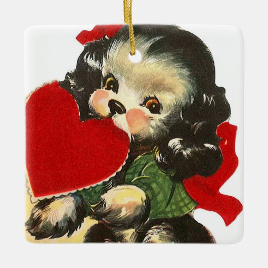 cute retro vintage Valentine dog add sentiment セラミックオーナメント (正面)