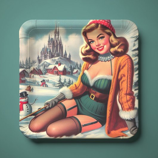 Cute Retro Winter Pin-up ペーパープレート