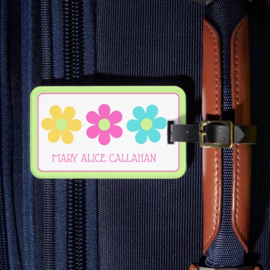 Cute Retro Yellow Pink Blue Daisies ラゲッジタグ (正面インサイチュ4)