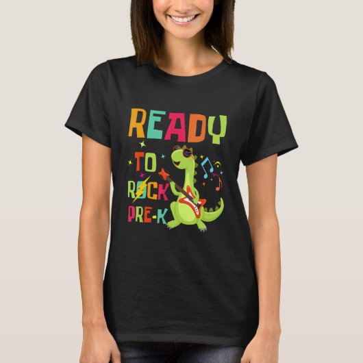 Cute Rex Dino Playing Guitar Ready To Rock PRE K T Tシャツ (正面)