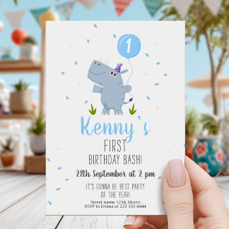 Cute Rhino First Birthday Party Card 招待状