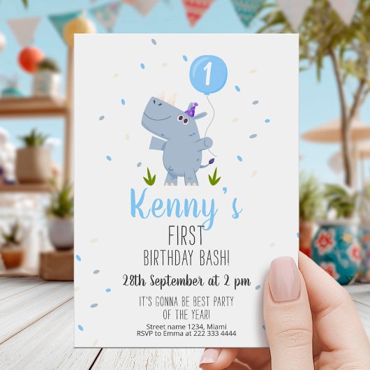 Cute Rhino First Birthday Party Card 招待状