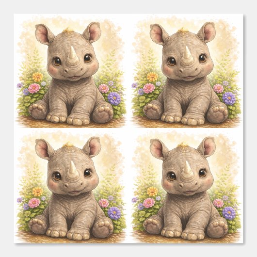 Cute Rhino Floral Pattern Wallpaper Nursery 壁紙 (正面)