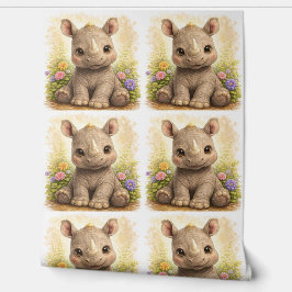 Cute Rhino Floral Pattern Wallpaper Nursery 壁紙
