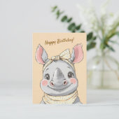 Cute Rhino with Bandana Kids Birthday Invitation ポストカード (スタンド正面)