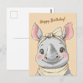 Cute Rhino with Bandana Kids Birthday Invitation ポストカード (正面/裏面)