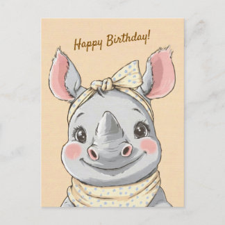Cute Rhino with Bandana Kids Birthday Invitation ポストカード