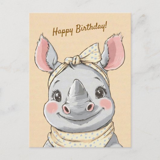 Cute Rhino with Bandana Kids Birthday Invitation ポストカード (正面)