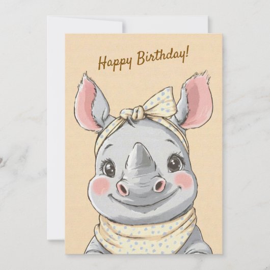 Cute Rhino with Bandana Kids Birthday Invitation 招待状 (正面)