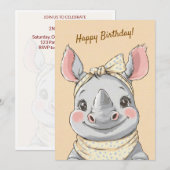 Cute Rhino with Bandana Kids Birthday Invitation 招待状 (正面/裏面)
