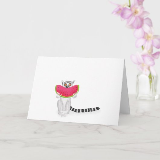 Cute ring-tailed lemur eating a watermelon card カード (蘭)