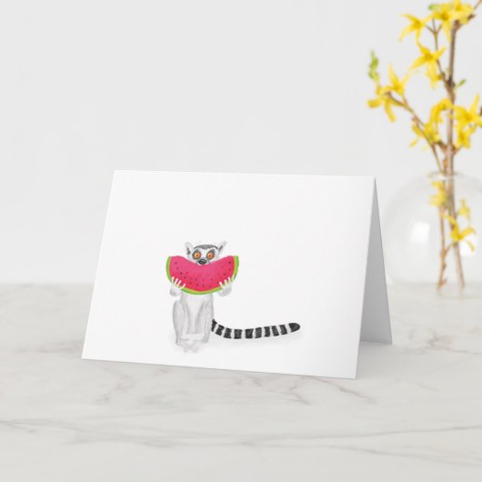 Cute ring-tailed lemur eating a watermelon card カード (黄色い花)