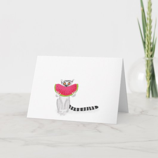 Cute ring-tailed lemur eating a watermelon card カード (正面)