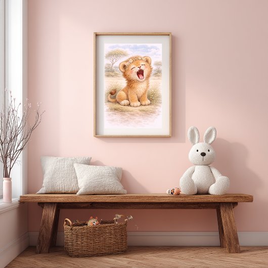 Cute Roaring Baby Lion Nursery Room Kids ポスター