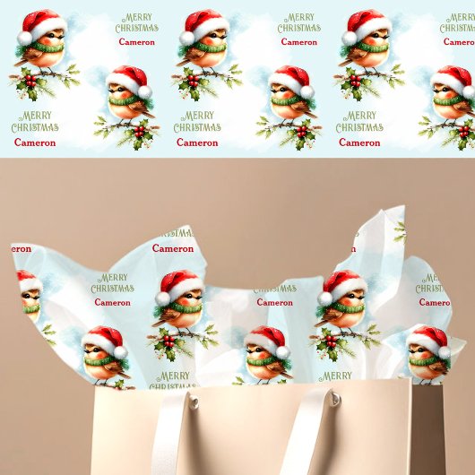 Cute Robin in Santa Hat Christmas Kids Name文字 薄葉紙