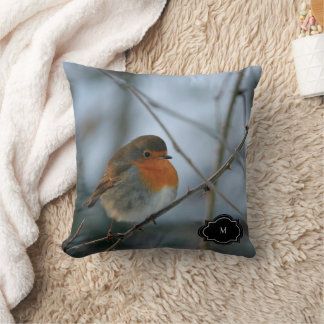 Cute Robin red breast bird monogrammed photo クッション
