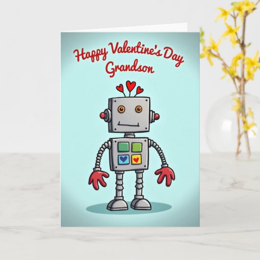 Cute Robot Grandson Valentines Day Card カード (黄色い花)