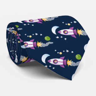 Cute rocket ship in space cartoon illustration ネクタイ