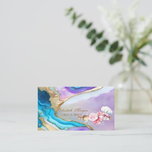 Cute Rolling Pin Flowers Bakery Holographic 名刺 (スタンド正面)