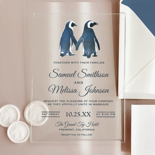 Cute Romantic Couple Penguin Wedding Invitation アクリル招待状