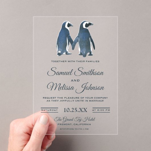 Cute Romantic Couple Penguin Wedding Invitation アクリル招待状 (インサイチュ (ポータブル))