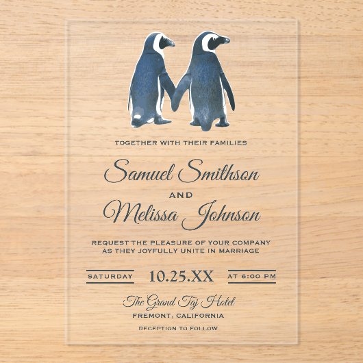 Cute Romantic Couple Penguin Wedding Invitation アクリル招待状 (正面)