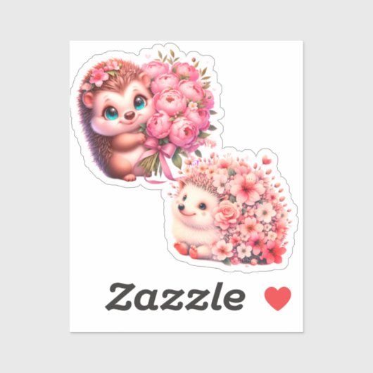  Cute Romantic Floral Hedgehog Duo Illustration シール (シート)