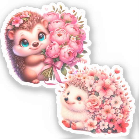  Cute Romantic Floral Hedgehog Duo Illustration シール (正面)