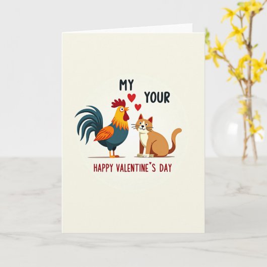 Cute Rooster Cat Valentines Day Card カード (黄色い花)