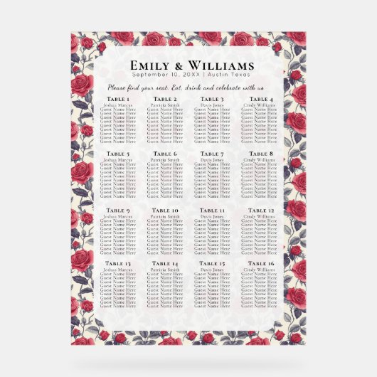 Cute Rose Themed Wedding Seating Chart アクリルサイン (正面)