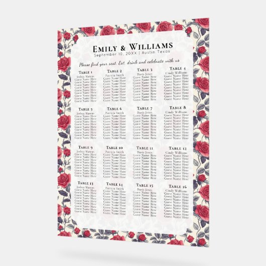 Cute Rose Themed Wedding Seating Chart アクリルサイン (傾斜)