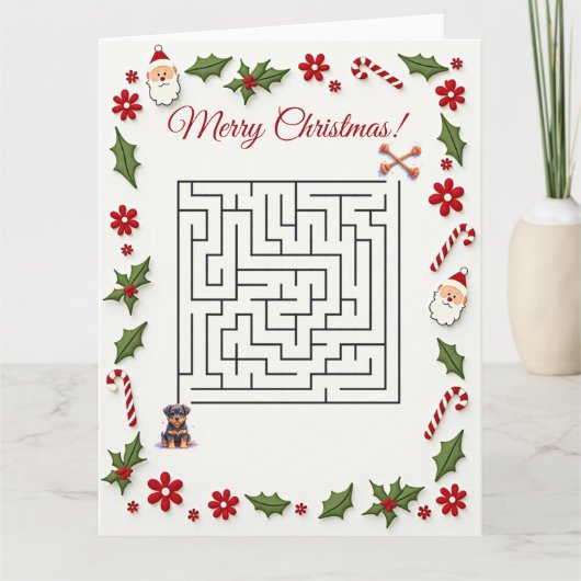 Cute Rottweiler Dog Christmas Maze Puzzle Holiday カード (正面)