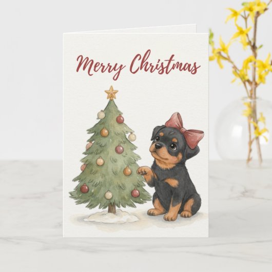 Cute Rottweiler Puppy Christmas Card カード (黄色い花)