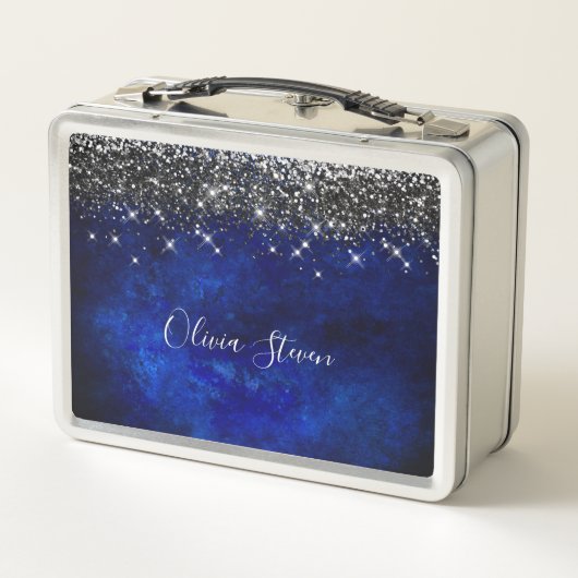 Cute royal blue black faux glitter personalized メタルランチボックス (裏面)