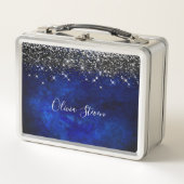 Cute royal blue black faux glitter personalized メタルランチボックス (正面)