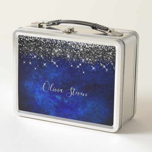 Cute royal blue black faux glitter personalized メタルランチボックス (正面)