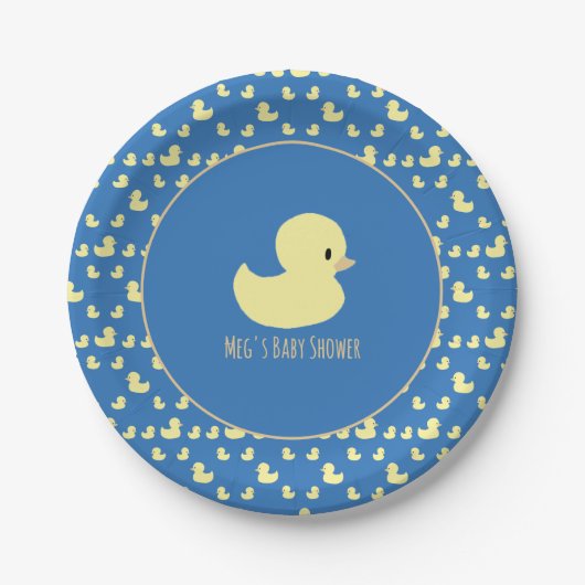 Cute Rubber Duck Modern Blue Baby Shower ペーパープレート (正面)