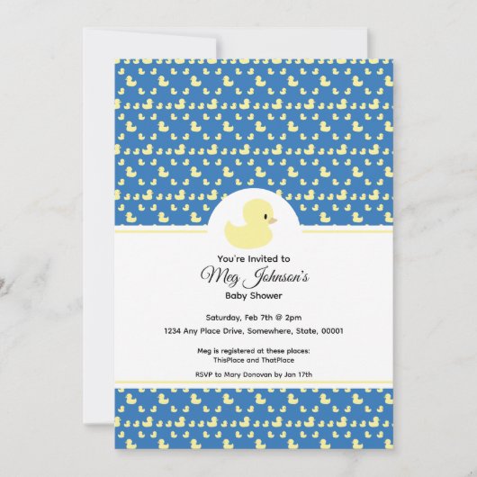 Cute Rubber Duck Modern Blue Baby Shower 招待状 (正面)