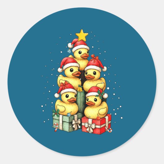 Cute Rubber Ducks Le Duckie Christmas Tree Xmas Ha ラウンドシール (正面)