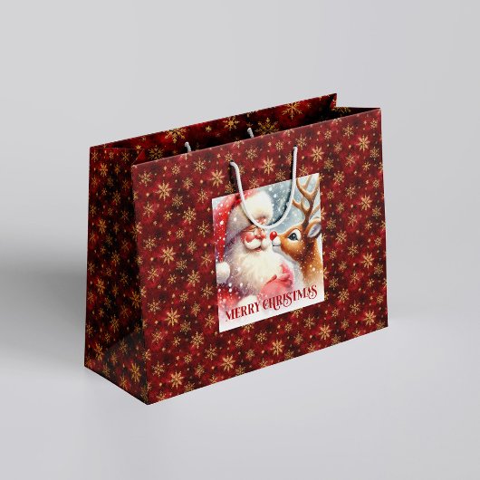 Cute Rudolph and Santa Kids Christmas Gift Bag Fun ラージペーパーバッグ