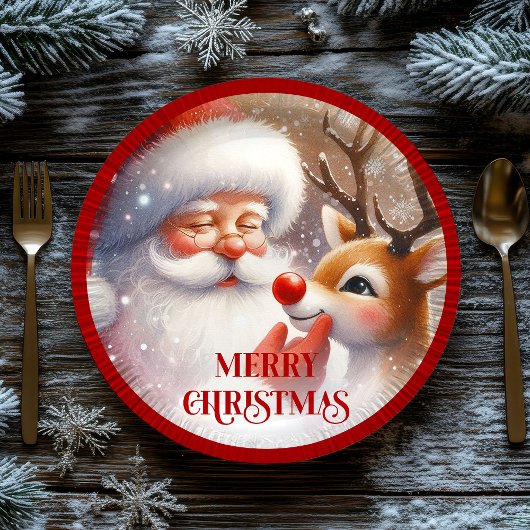 Cute Rudolph and Santa Kids Holiday Paper Plates ペーパープレート