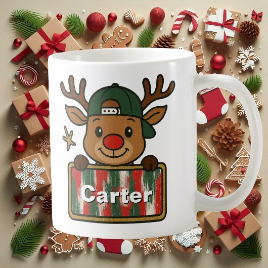 Cute Rudolph Green Cap Reindeer Mug for Boys コーヒーマグカップ