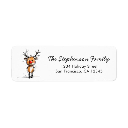 Cute Rudolph Reindeer Christmas Return Address ラベル (正面)