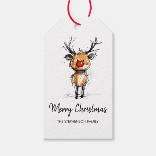 Cute Rudolph Reindeer Merry Christmas ギフトタグ (正面)